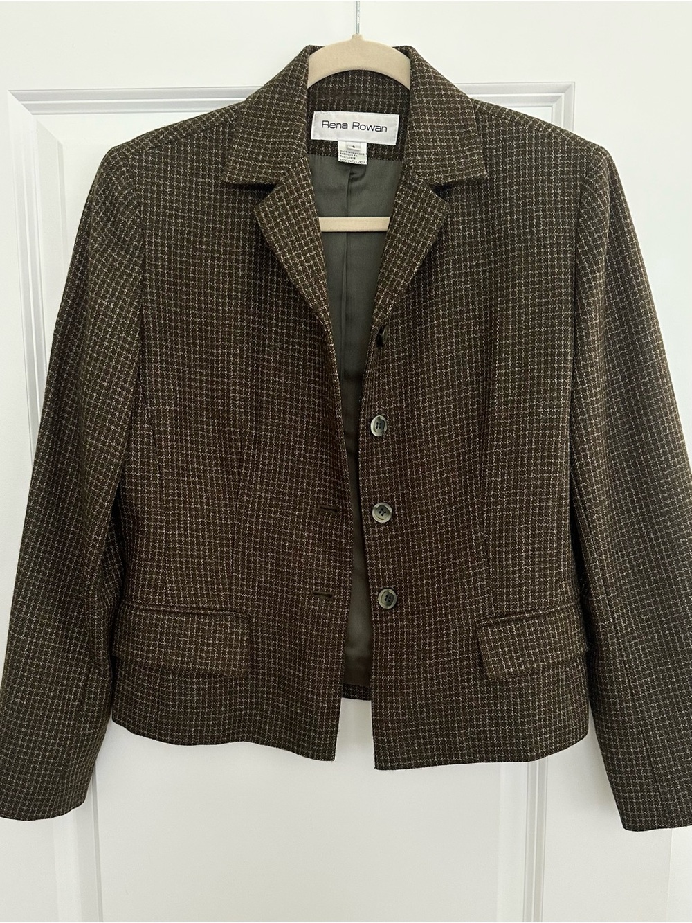 Vintage 90s 100% Wool Olive Green & Brown Tweed Houndstooth Blazer Jacket